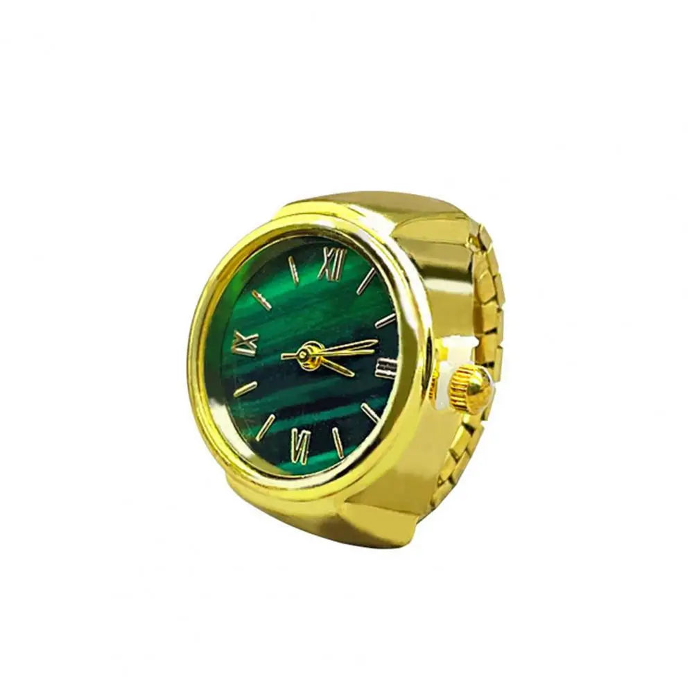 Round Green Dial Ring Watch Elastic Stainless Steel Band Elegant Men Women Couple Watch Finger Ring Birthday Gift Fashion