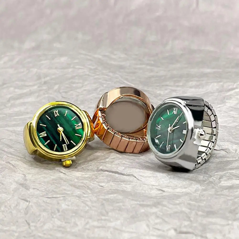 Round Green Dial Ring Watch Elastic Stainless Steel Band Elegant Men Women Couple Watch Finger Ring Birthday Gift Fashion