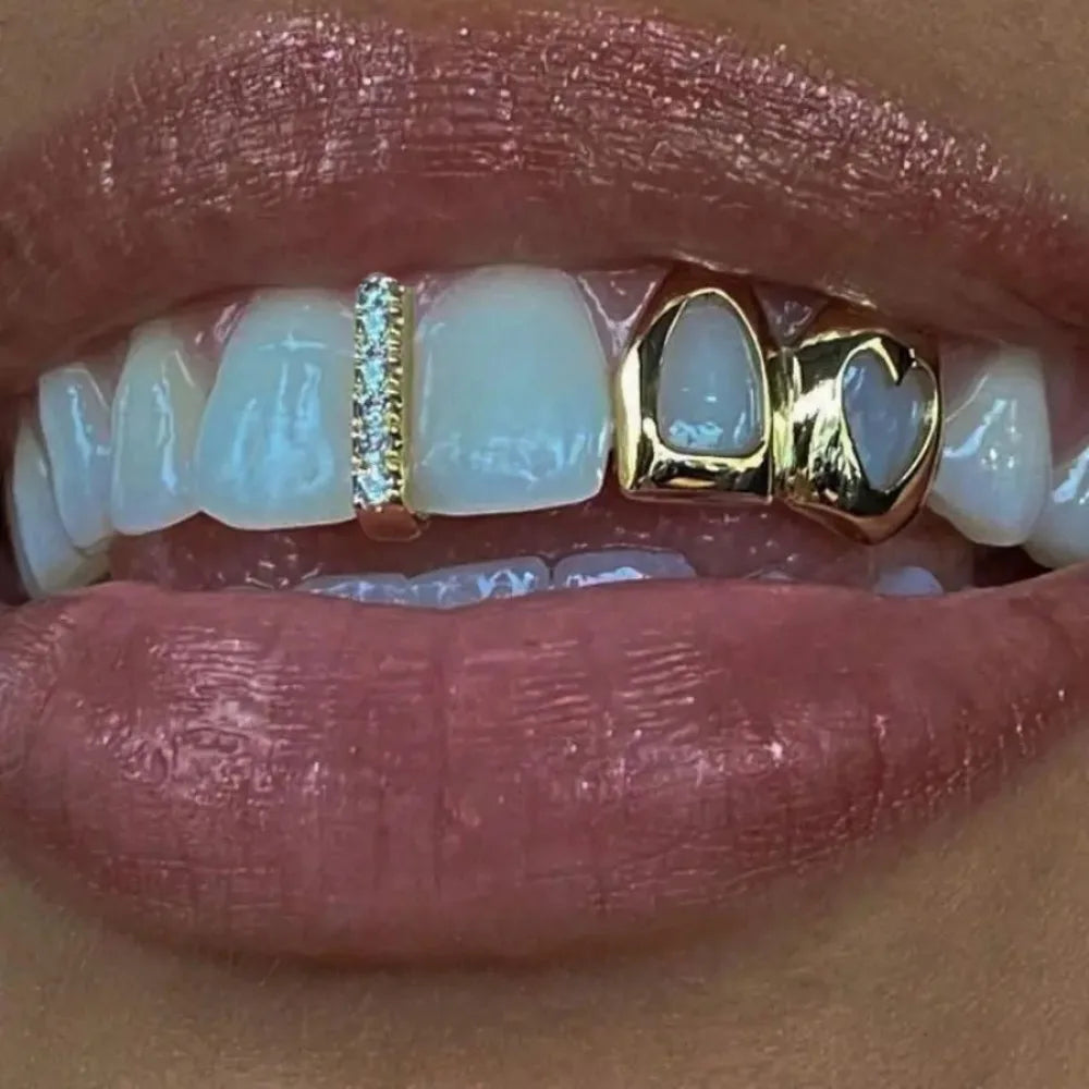 2pcs Set Hip-hop Gold Color Hollowed Hearts Zircon Inlay Stainless Steel Dental Grills for Women Men Teeth Jewelry Accessories