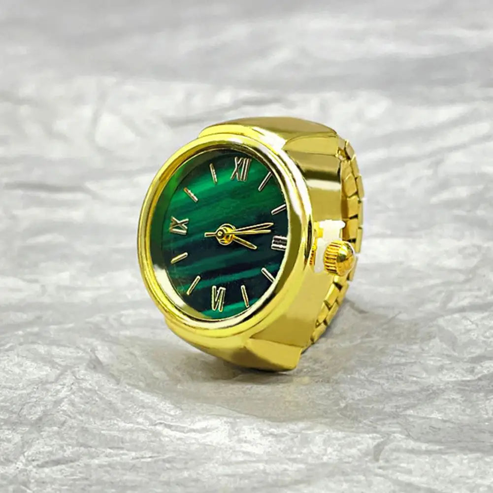 Round Green Dial Ring Watch Elastic Stainless Steel Band Elegant Men Women Couple Watch Finger Ring Birthday Gift Fashion