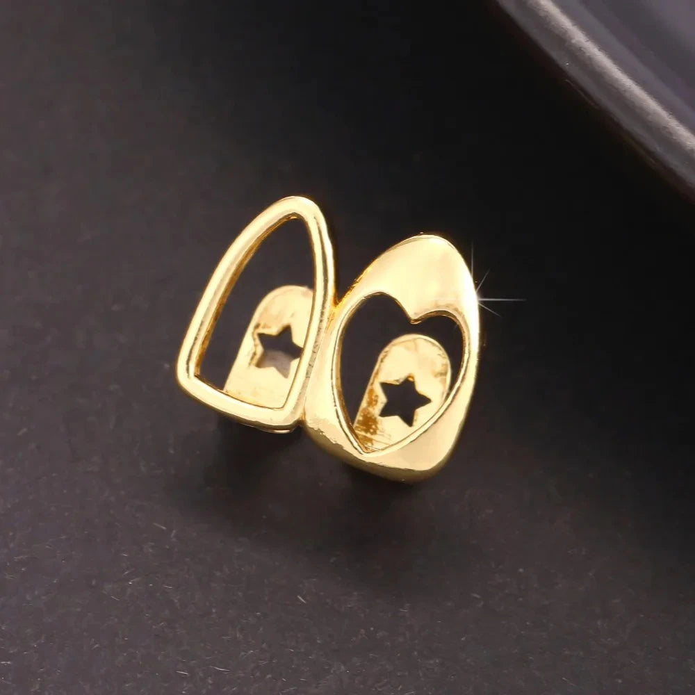 2pcs Set Hip-hop Gold Color Hollowed Hearts Zircon Inlay Stainless Steel Dental Grills for Women Men Teeth Jewelry Accessories