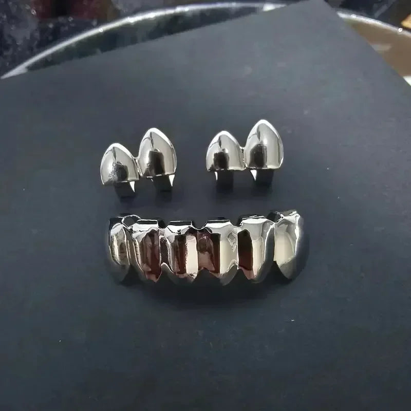 3CPS/Set Gold Silver-Plated Hip Hop Teeth for Mouth Grillz Caps Top&Bottom Grill Set Vampire Teeth for Halloween Party Sets