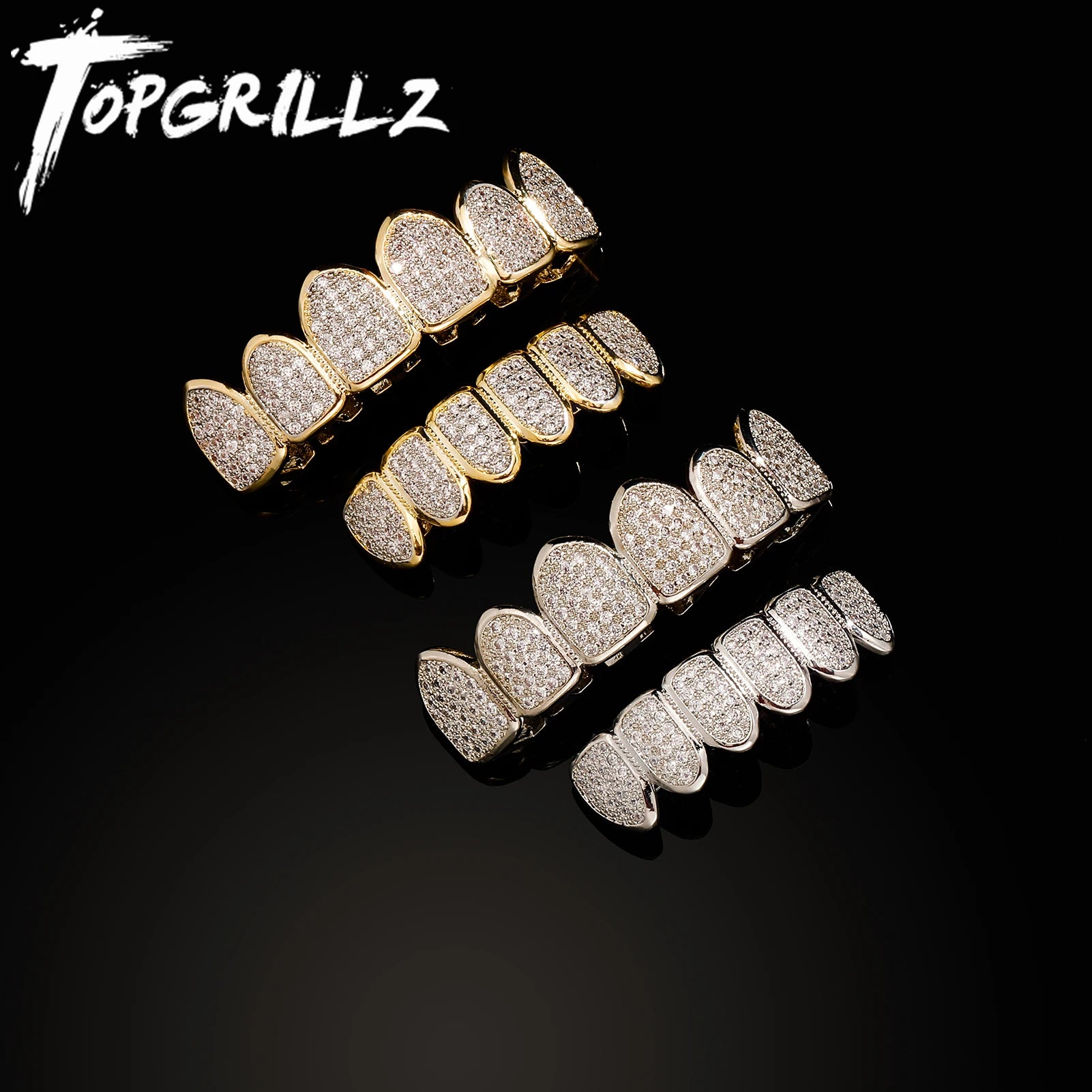 TOPGRILLZ Hip Hop Gold Color Plated Teeth Grillz Caps CZ Micro Pave Exclusive Luxury Top&Bottom Gold Grillz Set Ship From US