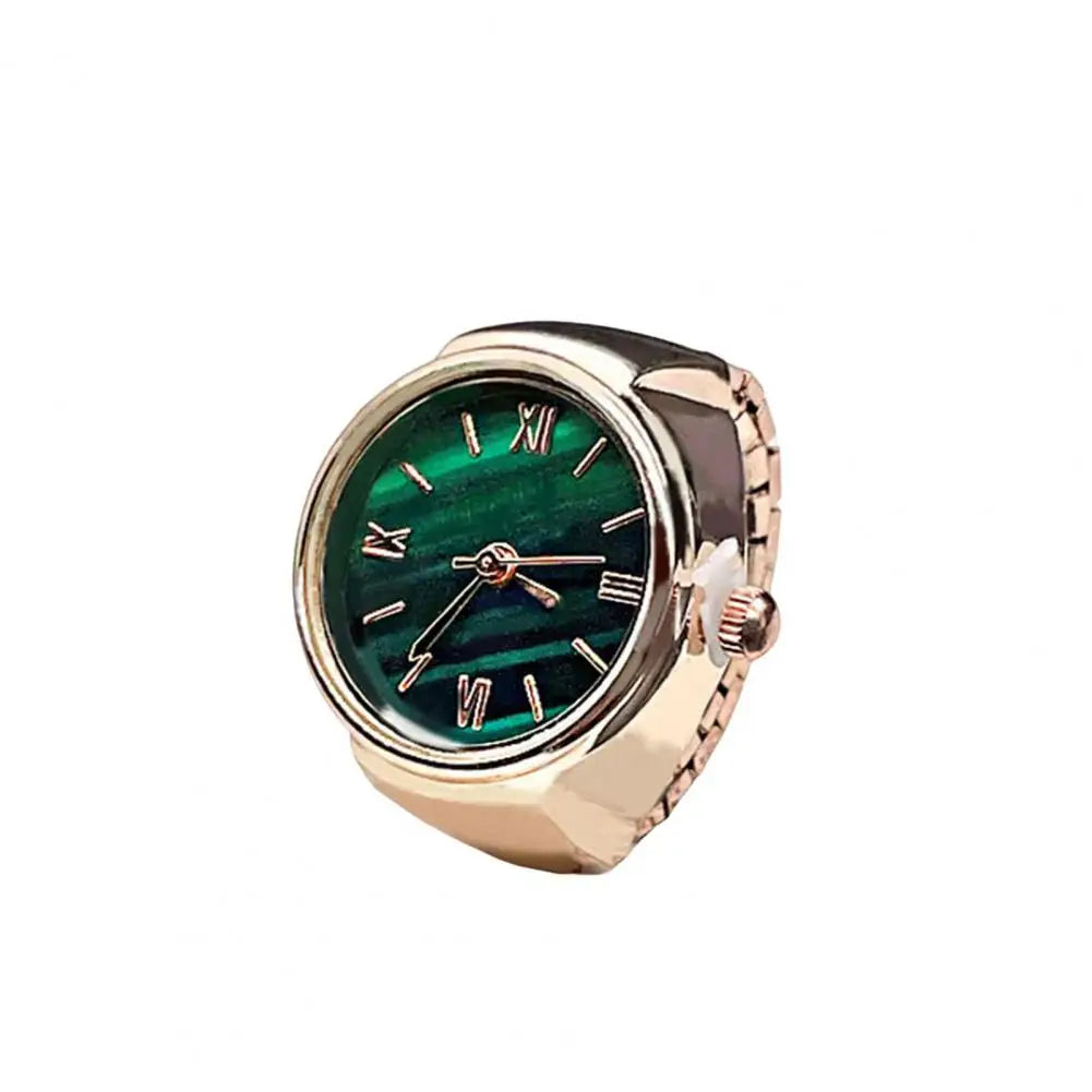 Round Green Dial Ring Watch Elastic Stainless Steel Band Elegant Men Women Couple Watch Finger Ring Birthday Gift Fashion