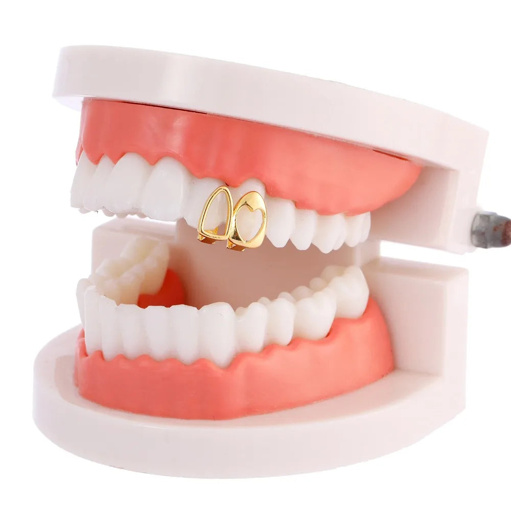 2pcs Set Hip-hop Gold Color Hollowed Hearts Zircon Inlay Stainless Steel Dental Grills for Women Men Teeth Jewelry Accessories