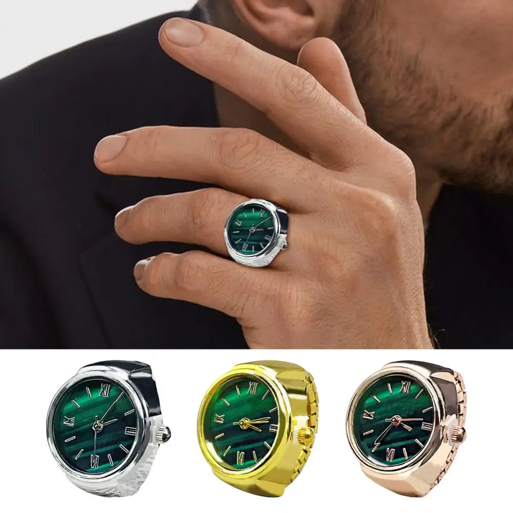 Round Green Dial Ring Watch Elastic Stainless Steel Band Elegant Men Women Couple Watch Finger Ring Birthday Gift Fashion