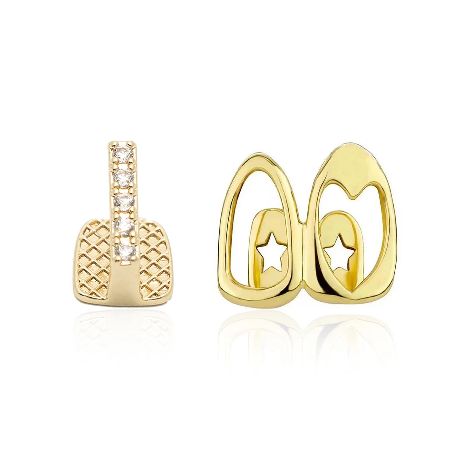 2pcs Set Hip-hop Gold Color Hollowed Hearts Zircon Inlay Stainless Steel Dental Grills for Women Men Teeth Jewelry Accessories