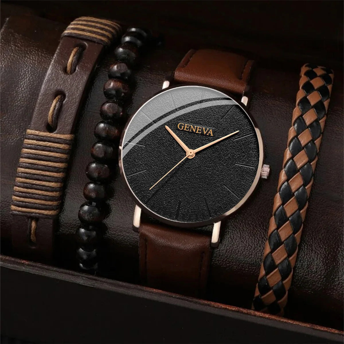 Luxury New Men Watch Bracelet Set Fashion Business Brown Leather Quartz Wrist Watches for Men Gift Set Relogio Masculino NO BOX
