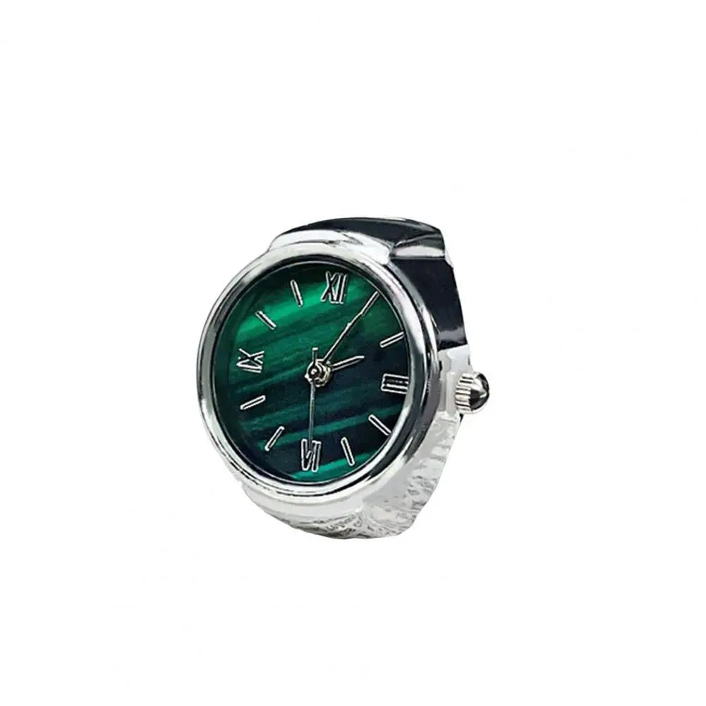 Round Green Dial Ring Watch Elastic Stainless Steel Band Elegant Men Women Couple Watch Finger Ring Birthday Gift Fashion